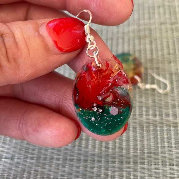 Handmade Festive Small Holiday Vibes Earrings Green and Red Oval - Picture 6 of 10